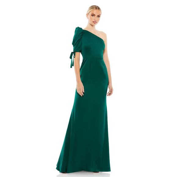 Mac Duggal 55632 Empress Green Satin One Shoulder Puff Sleeve Trumpet Gown 20 - Picture 1 of 7